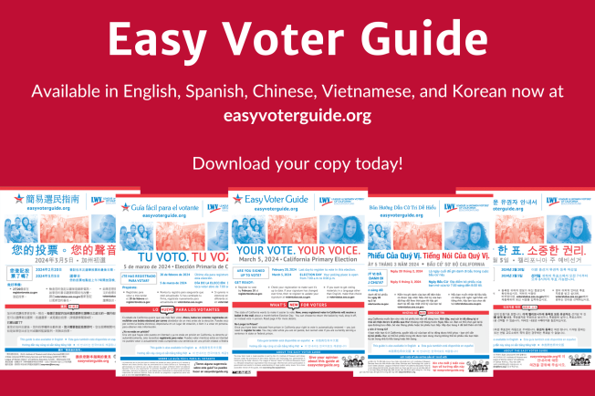 Easy Voter Guide available in English, Spanish, Chinese, Vietnamese, and Korean now at easyvoterguide.org - Download your copy today! (graphic of EVG covers)